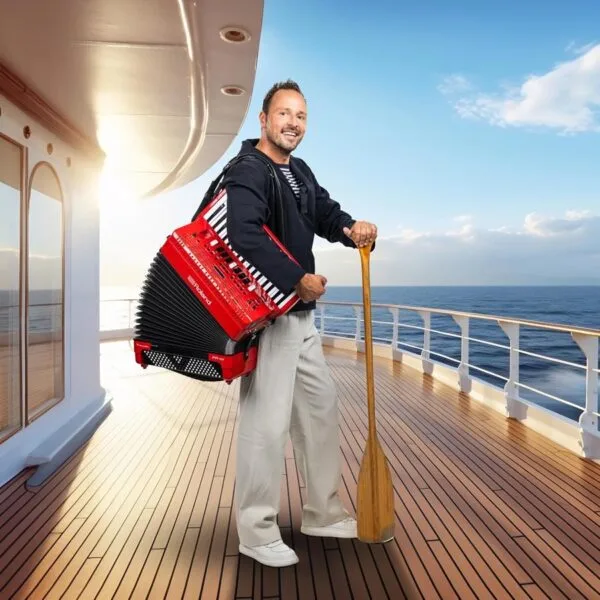 Johan Veugelers HetSchlagerfestival 2026 met accordeon en roeispaan