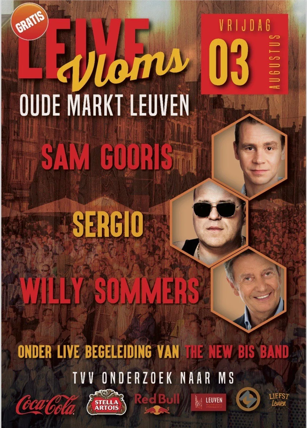 Leive Vloms haalt Sam Gooris, Sergio en Willy Sommers vrijdag naar de Leuvense Oude Markt