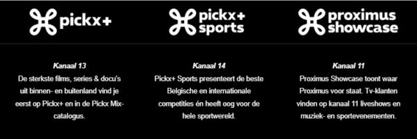 Drie logo's Pickx+, Pickx+ sports, Proximus showcase